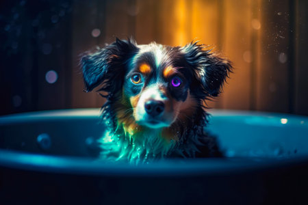 portrait of a dog bathing in a bathtub with water dropsの素材