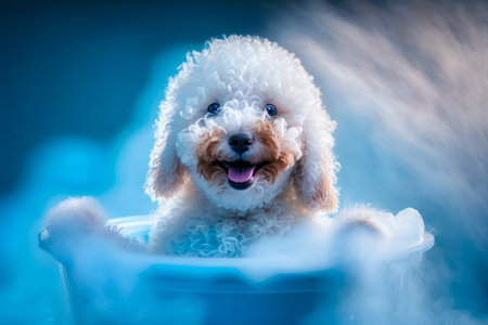 Poodle puppy in a bathtub with foam and bubbles, blue backgroundの素材