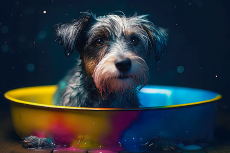 Cute little dog taking a bath in a bathtub at nightの素材