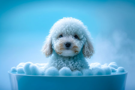 Cute dog taking a bath in a blue bathtub with foamの素材