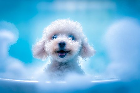 Cute little poodle puppy taking a bath in a bathtubの素材