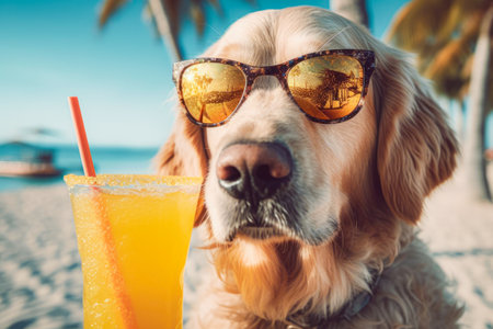Cute Golden Retriever dog with sunglasses and cocktail on the beachの素材