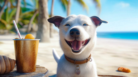 Cute white dog with a drink on the beach at sunny dayの素材