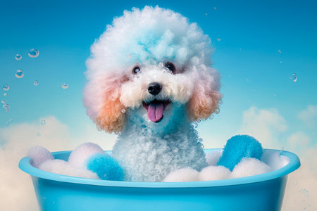Poodle in a bathtub with foam and bubbles on blue backgroundの素材