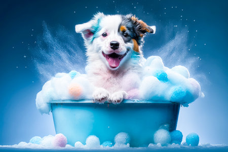 Cute Australian shepherd puppy taking a bath with foam and bubbles.の素材