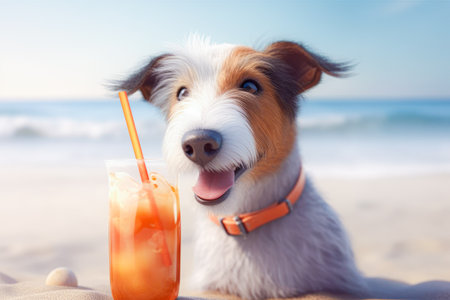 Jack Russell Terrier dog drinking a cocktail on the beach with a strawの素材