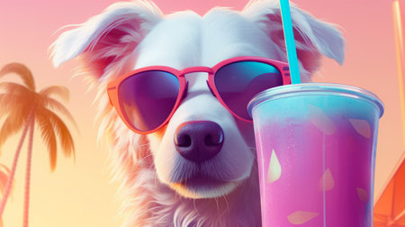 Cute dog with sunglasses and a glass of drink on the beachの素材