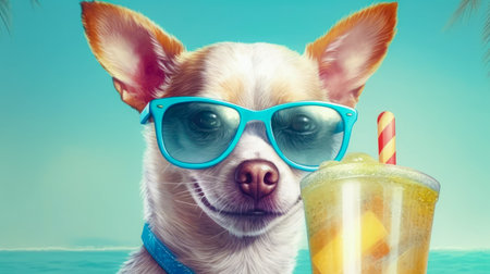 Cute chihuahua dog wearing sunglasses and holding a glass of cocktailの素材