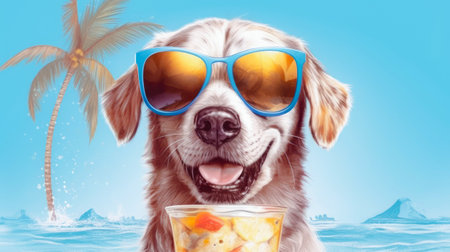 Illustration of happy dog wearing sunglasses with cocktail. Funny humorous lifestyle, tropical vacation, summer holidays, warm weather theme. Generative AIの素材
