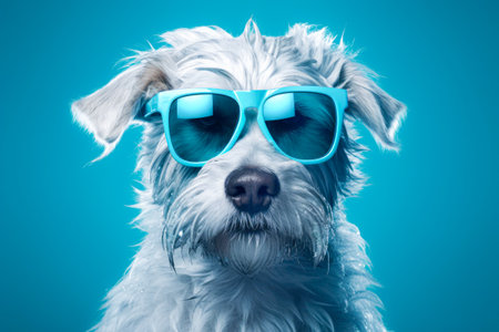 Illustration of happy dog wearing sunglasses. Funny humorous lifestyle, tropical vacation, summer holidays, warm weather theme. Generative AIの素材