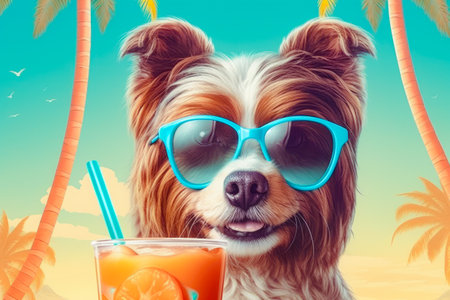 Illustration of happy dog wearing sunglasses with cocktail. Funny humorous lifestyle, tropical vacation, summer holidays, warm weather theme. Generative AIの素材