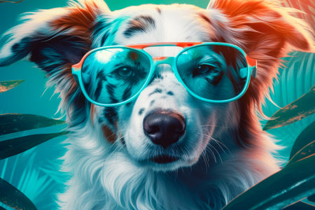 Illustration of happy dog wearing sunglasses. Funny humorous lifestyle, tropical vacation, summer holidays, warm weather theme. Generative AIの素材