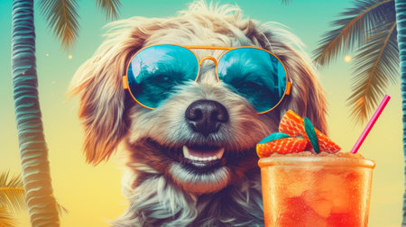 Illustration of happy dog wearing sunglasses with cocktail. Funny humorous lifestyle, tropical vacation, summer holidays, warm weather theme. Generative AIの素材