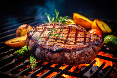 Beef steak spices and vegetables on the grill with flames. gourmet food. Delicious food. Generative AI.の素材