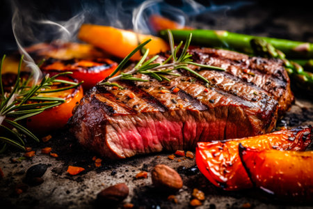 fried steak on the grill lies on a stone board with vegetables. gourmet food. Generative AI.の素材