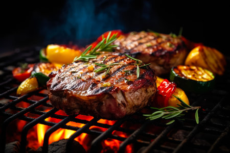 Beef steak spices and vegetables on the grill with flames. gourmet food. Delicious food. Generative AI.の素材