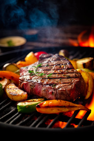 Beef steak spices and vegetables on the grill with flames. gourmet food. Delicious food. Generative AI.の素材