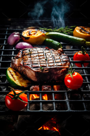 Beef steak spices and vegetables on the grill with flames. gourmet food. Delicious food. Generative AI.の素材