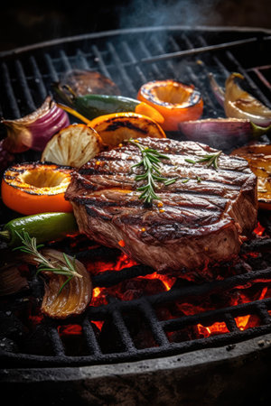 Grilled beef steaks with vegetables and spices on a barbecue grillの素材