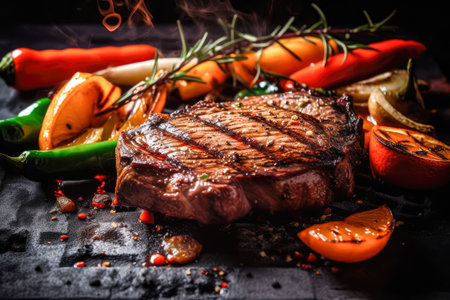 Grilled beef steak with vegetables and spices on a black background.の素材