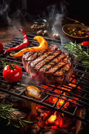 Grilled steak on a barbecue grill with hot pepper, garlic and rosemaryの素材