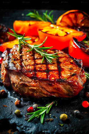 Grilled beef steak with rosemary and tomatoes on a black backgroundの素材