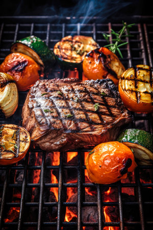 Grilled beefsteak with grilled vegetables on a barbecue grill.の素材