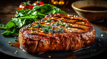 Sliced steak ribeye, grilled with spices served on cutting board. gourmet food. Generative AI.の素材