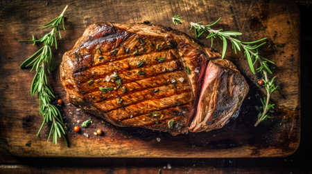 Top down view of sliced steak ribeye, grilled with spices served on cutting board. gourmet food. Generative AI.の素材