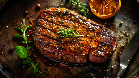 Top down view of sliced steak ribeye, grilled with spices served on cutting board. gourmet food. Generative AI.の素材