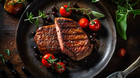 Sliced steak ribeye, grilled with spices served on cutting board. gourmet food. Generative AI.の素材