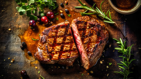 Top down view of sliced steak ribeye, grilled with spices served on cutting board. gourmet food. Generative AI.の素材