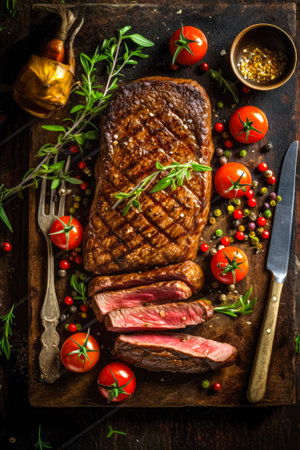 Top down view of sliced steak ribeye, grilled with spices served on cutting board. gourmet food. Generative AI.の素材
