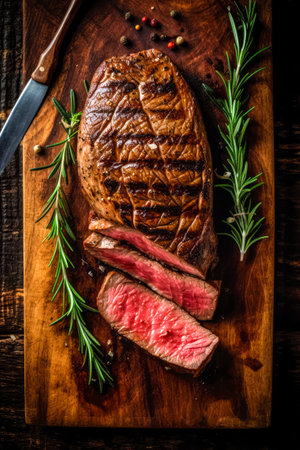 Top down view of sliced steak ribeye, grilled with spices served on cutting board. gourmet food. Generative AI.の素材