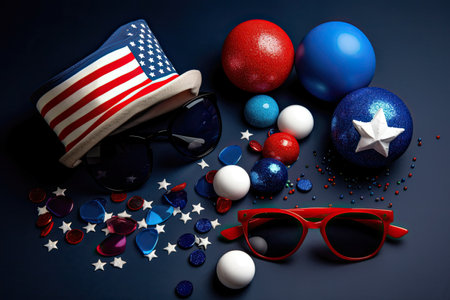 Patriotic card with composition of different elements in colors of flag usa, 4th July. Symbol of the United States of America flag. independence day. generative AI. space for textの素材