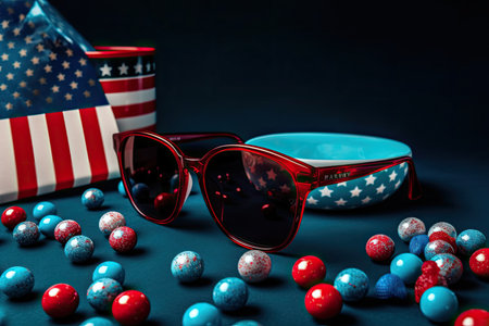 Composition with red sunglasses and some holiday decor in patriotic colors of America. independence day. Symbol of the United States of America flag. independence background. generative AI.の素材