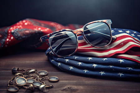Patriotic postcard with sunglasses and flag usa on dark background. Symbol of the United States of America flag. independence background. generative AI.の素材