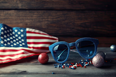 Patriotic postcard with sunglasses and flag usa on dark background. Symbol of the United States of America flag. independence background. generative AI.の素材