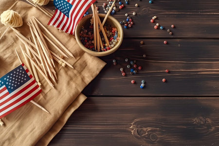 Happy 4th of July, Independence Day greeting card horizontal banner. Happy July Fourth concept. American flags, ribbons and confetti star on blue background. AI generated.の素材