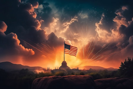 Illustration of big flag usa over US Capitol and fireworks in sky. independence day. Generative AI. 4th of Julyの素材