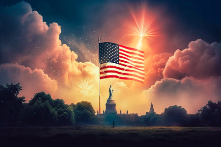 fireworks behind the statue of liberty for independence day. Patriotic postcard. 4th of July. USA. Generative AIの素材