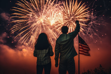 Peoples in silhouette enjoy watching amazing firework show in a festival or holiday. Happy Fourth of July. America Independence Day greeting banner template of people watching fireworks. AI generativeの素材