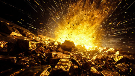 3d rendering of explosion of gold particles. Explosion of golden cubes. AI generated.の素材