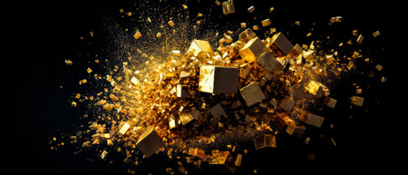 3d rendering of explosion of gold particles. Explosion of golden cubes. AI generated.の素材