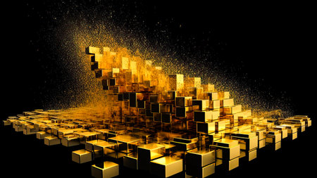 3D rendering of abstract technology digital hi tech concept background. 3D illustration. Abstract background with golden particles. AI generated.の素材