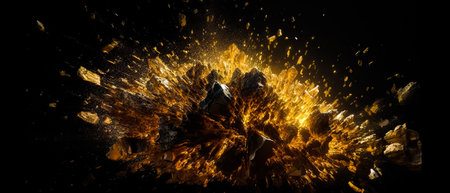 3d rendering of explosion of gold particles. Explosion of golden cubes. AI generated.の素材