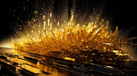 3d rendering of explosion of gold particles. Explosion of golden cubes. AI generated.の素材
