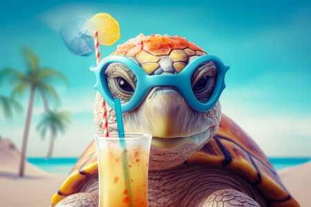 Illustration of happy turtle in sunglasses with cocktail on the beach. Summer vacation concept. Generative AI.の素材