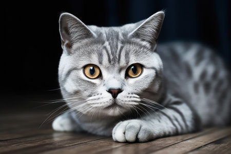 Studio photography of an American shorthair cat on dark background, isolate. AI generated.の素材