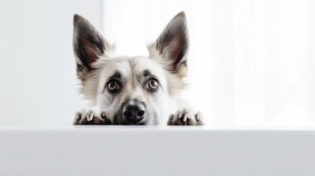 Cute head of peeking dog isolated on white background. Space for text. Generative AI.の素材